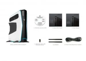 Zotac MEK1 gaming PC with its keyboard, mouse and accessories
